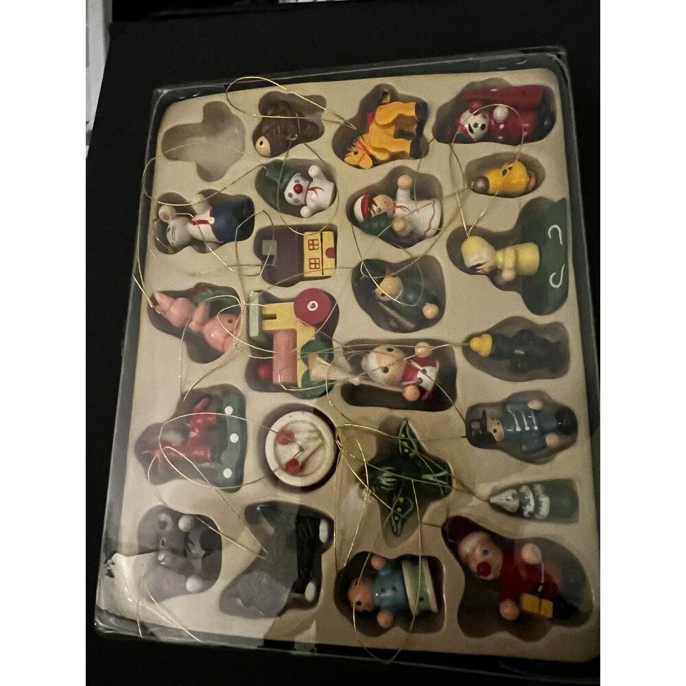 23 mini tiny vintage wood wooden christmas ornaments in box